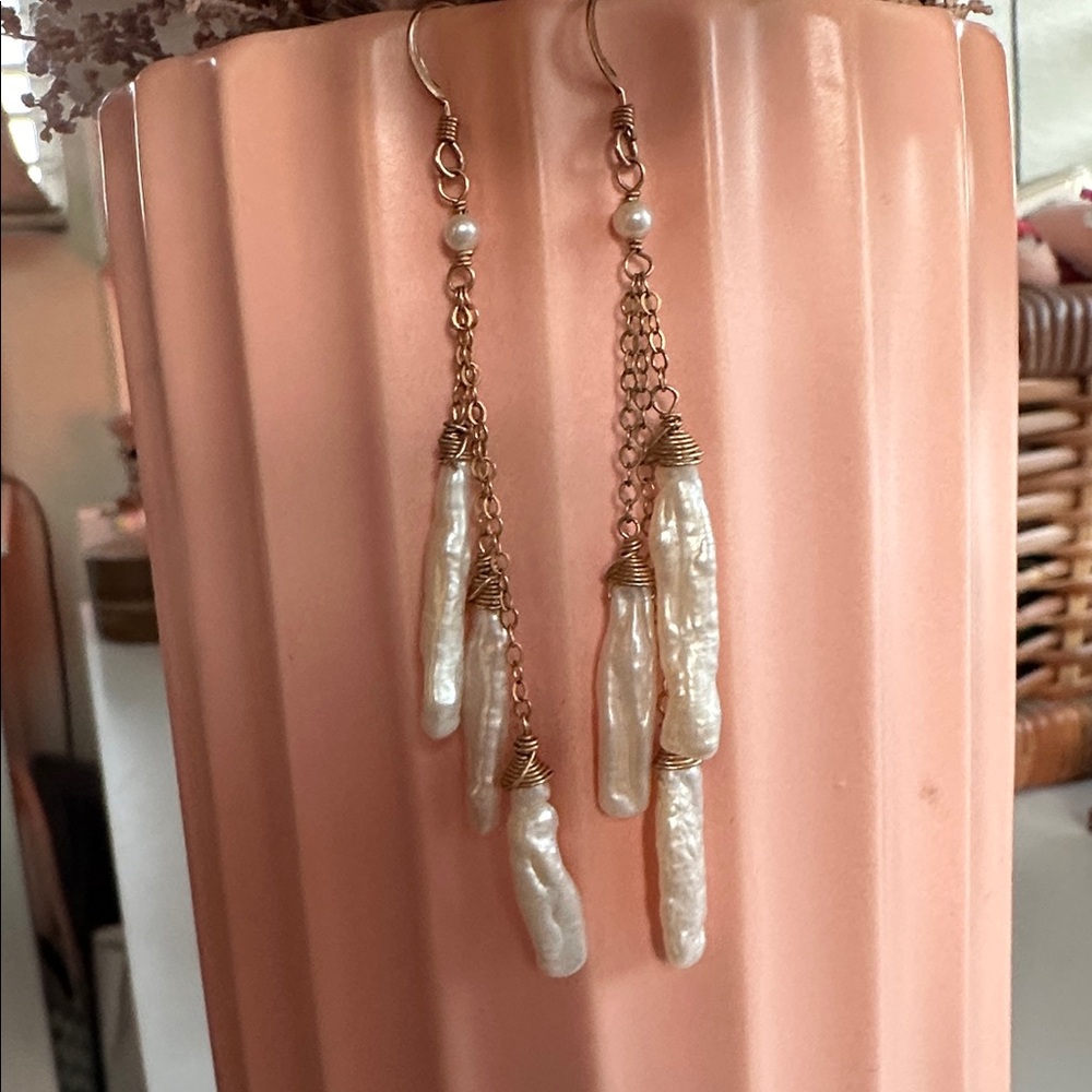 Baroque Freshwater Pearl Cascade Drop Earrings | Gold Tone | Boho Bridal - Picture 9 of 14